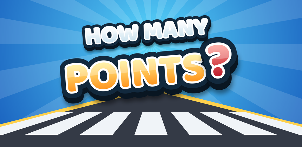 The How Many Points logo in chunky white and orange letters above a zebra crosswalk on a blue sunburst background.