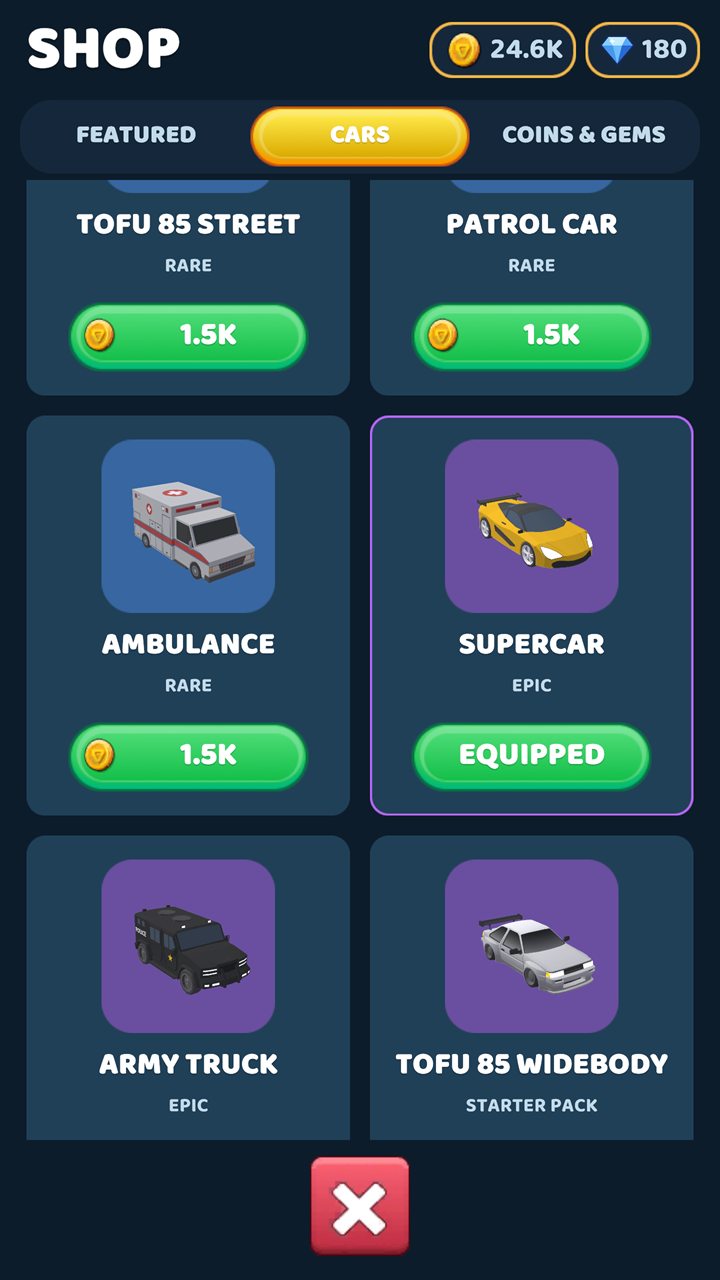 The car shop, with an ambulance, a supercar, an army truck and more to unlock with coins.