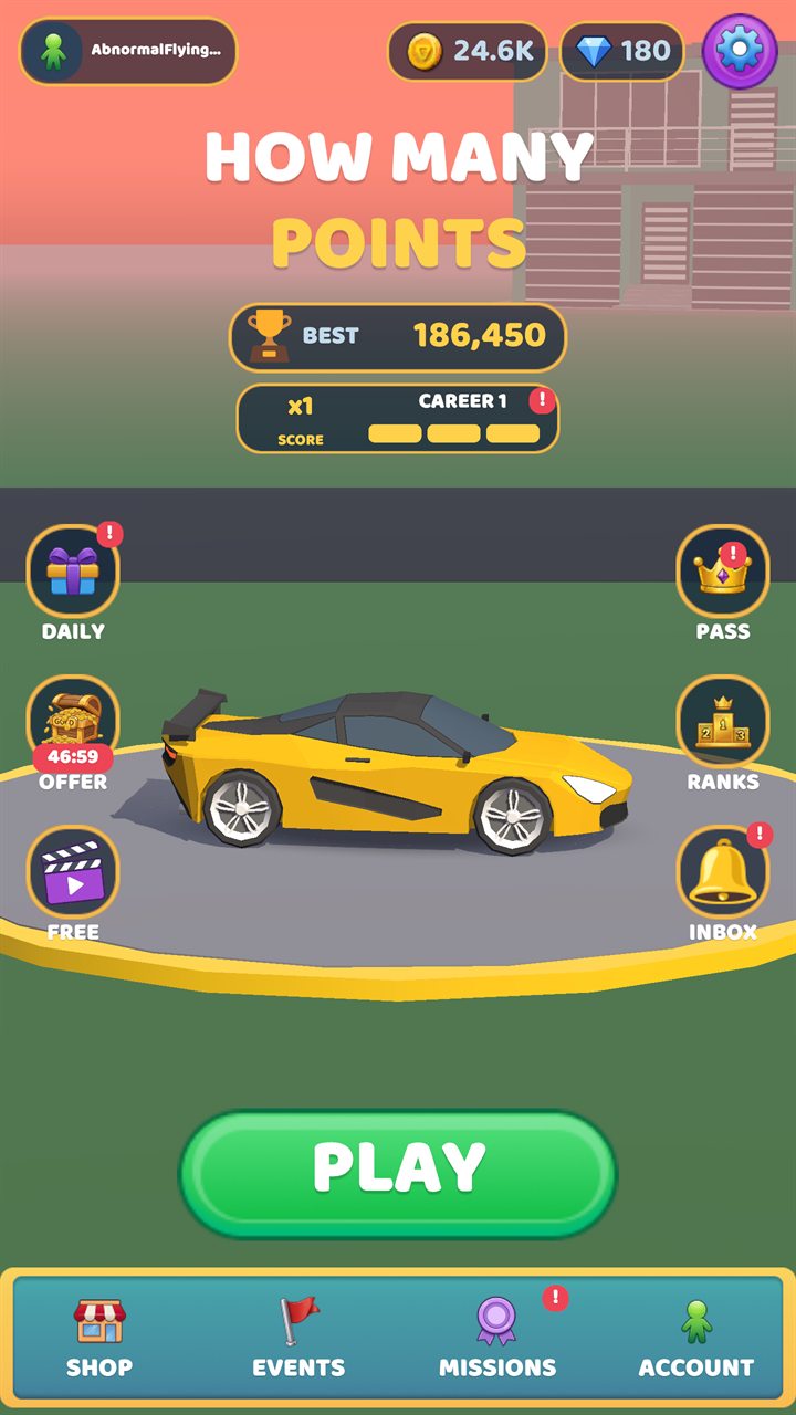 The home screen: a yellow supercar on a turntable, a best score of 186,450 and a big PLAY button.