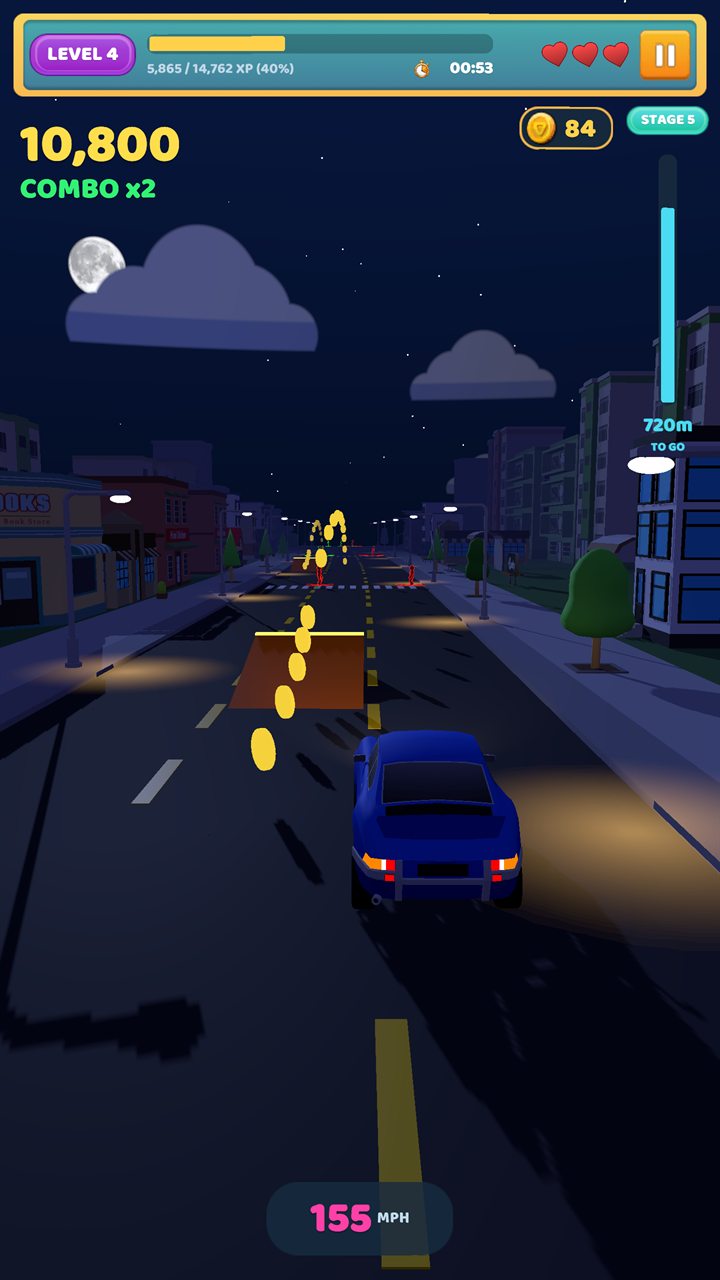 A night run under the moon, the car's headlights lighting a road of coins and a ramp ahead.