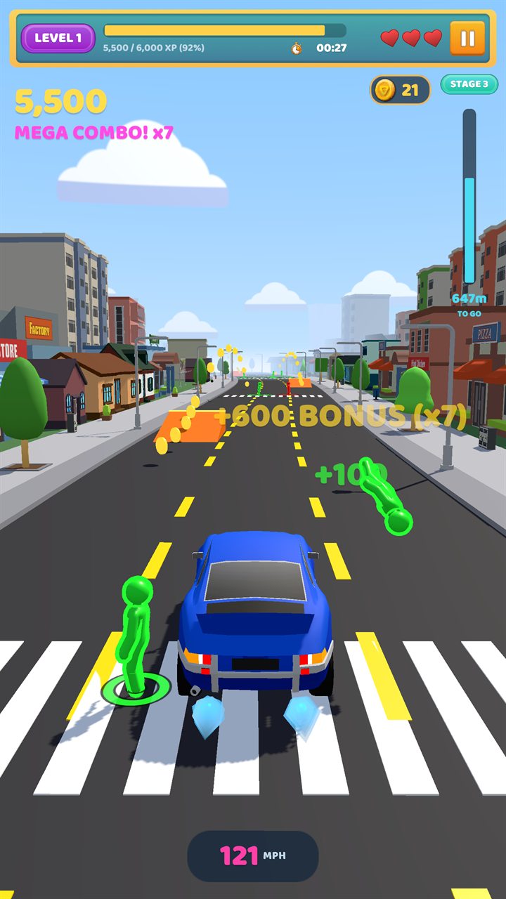 A blue sports car crossing a zebra crosswalk on a sunny city street, scoring a 7x mega combo off the green pedestrians.