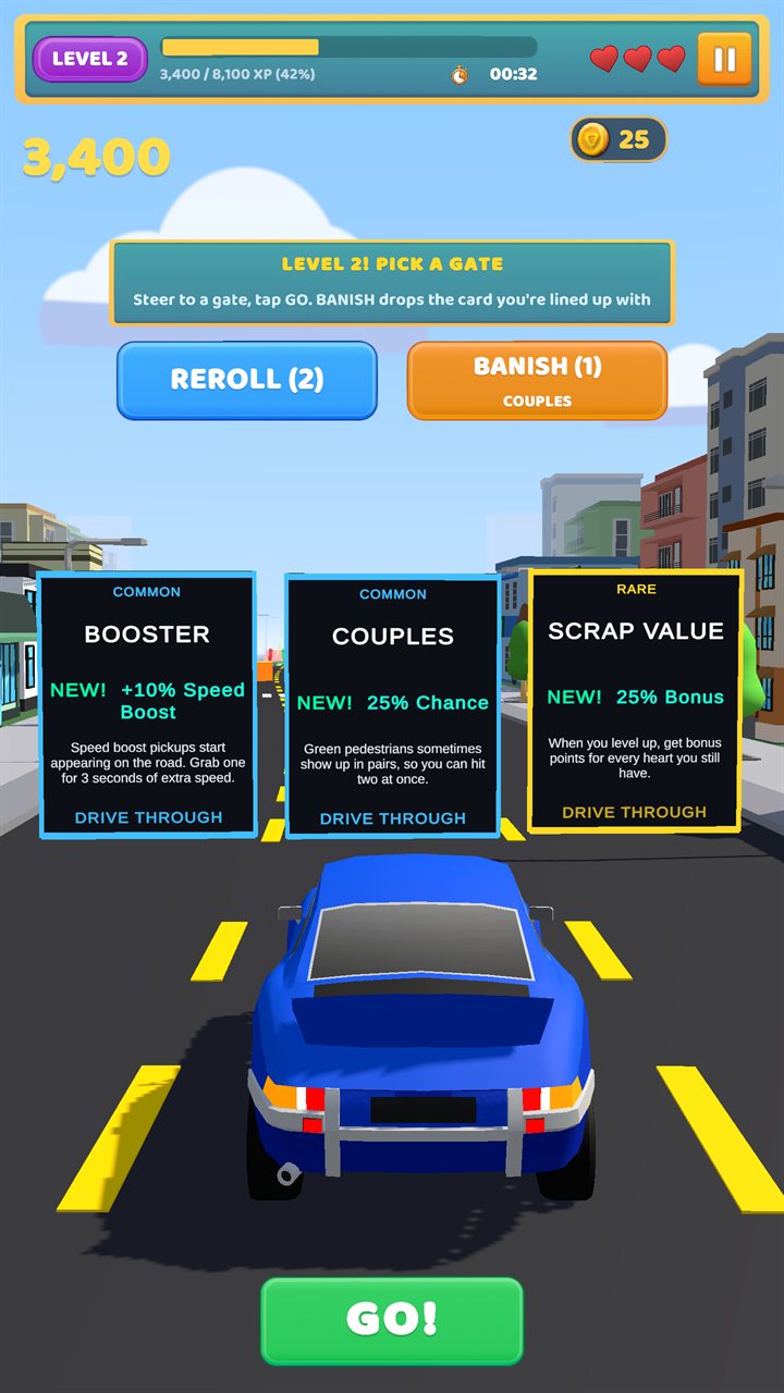 A level-up: three upgrade gates (Booster, Couples and Scrap Value) across the road, with Reroll, Banish and GO buttons.